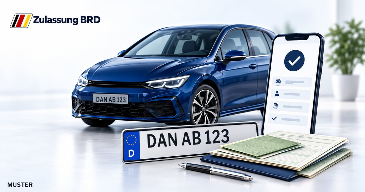 Online Fahrzeugzulassung in Lüchow: Musterkennzeichen DAN AB 123, Auto und Fahrzeugpapiere und Smartphone. Illustration mit Logo von Zulassung BRD.